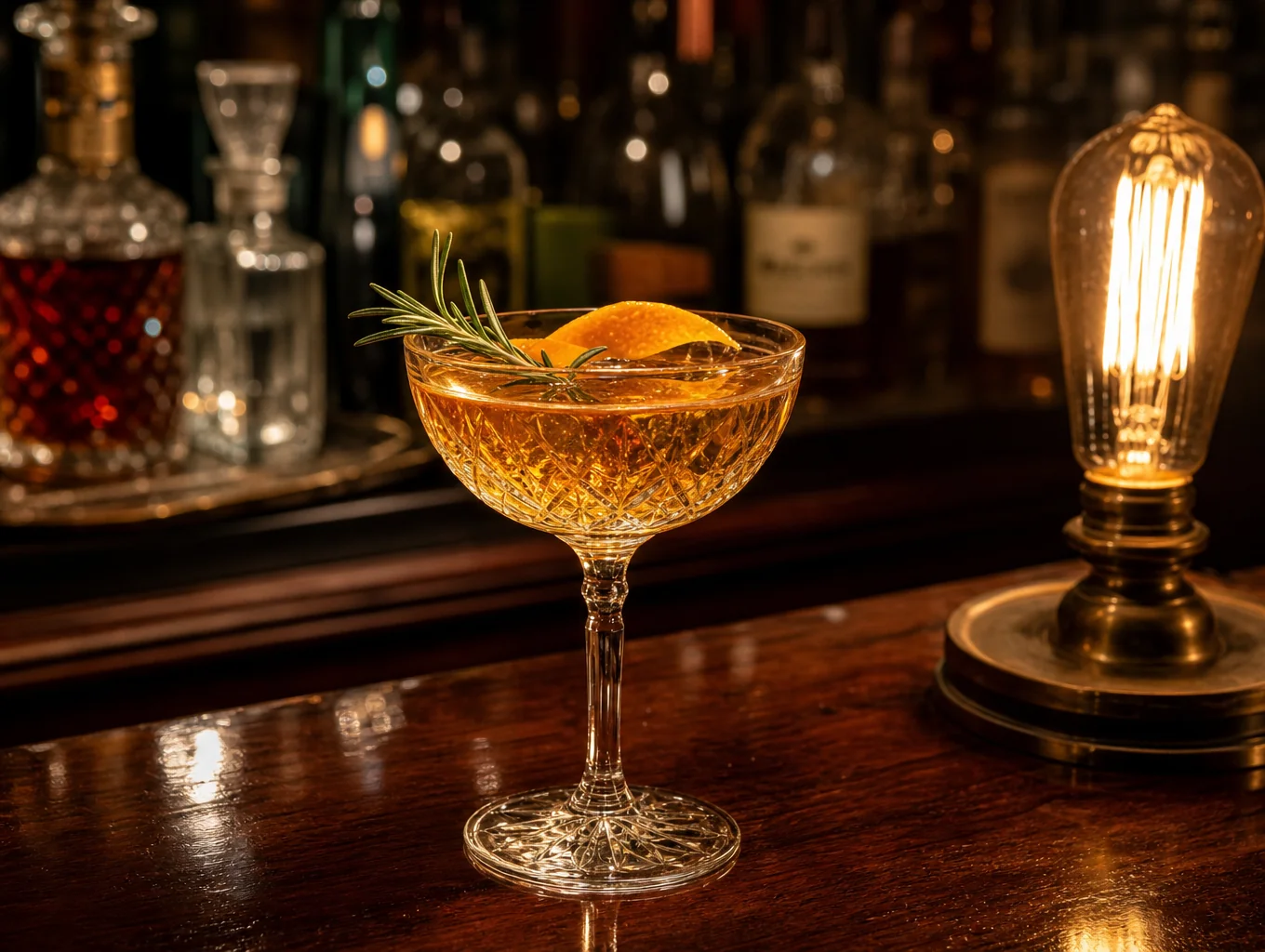 Midnight in Montmartre amber cocktail in vintage crystal glass