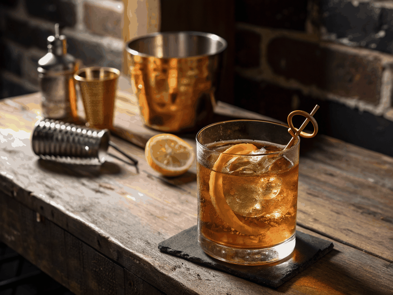 Silk and Saffron Sazerac served on a rustic stone coaster