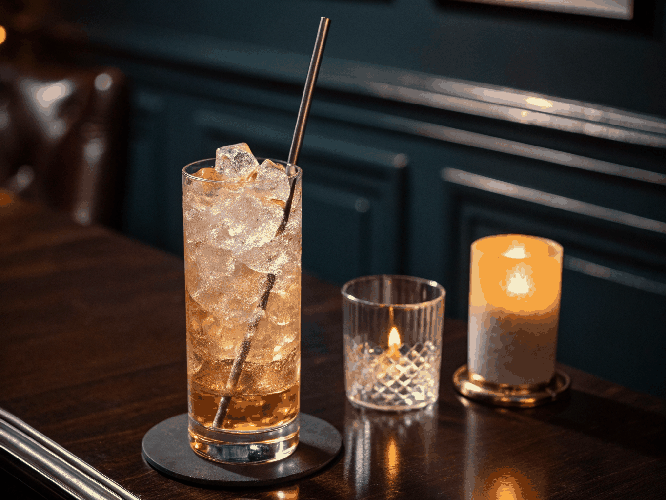 Hand-carved crystalline cocktail ice cube on brass bar counter