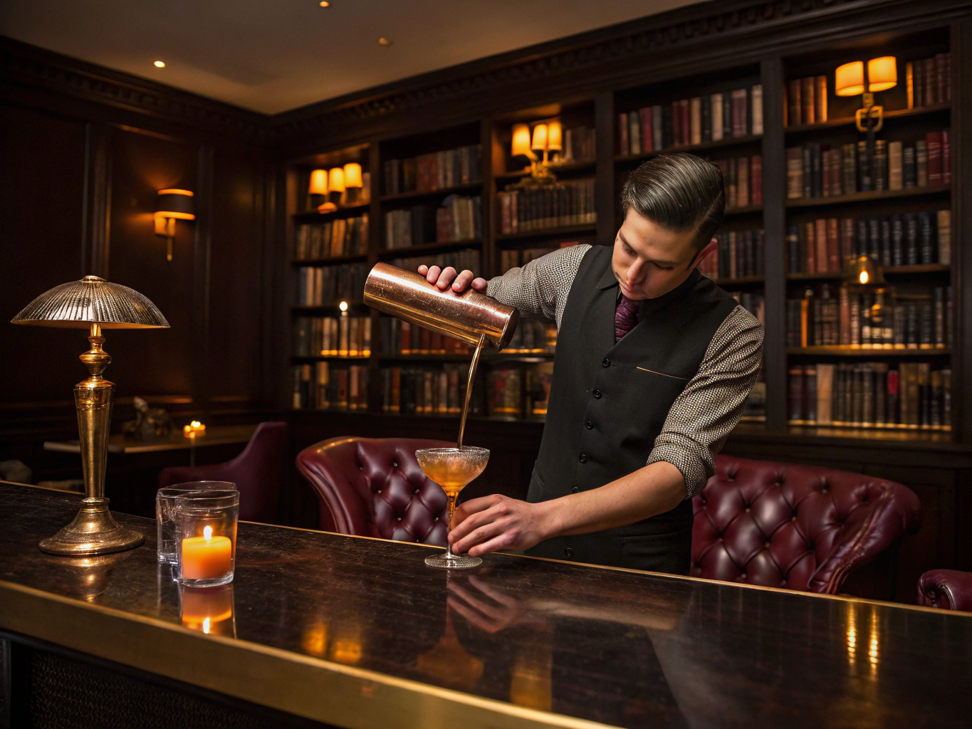 Mixologist torching oak staves to infuse cocktail smoke