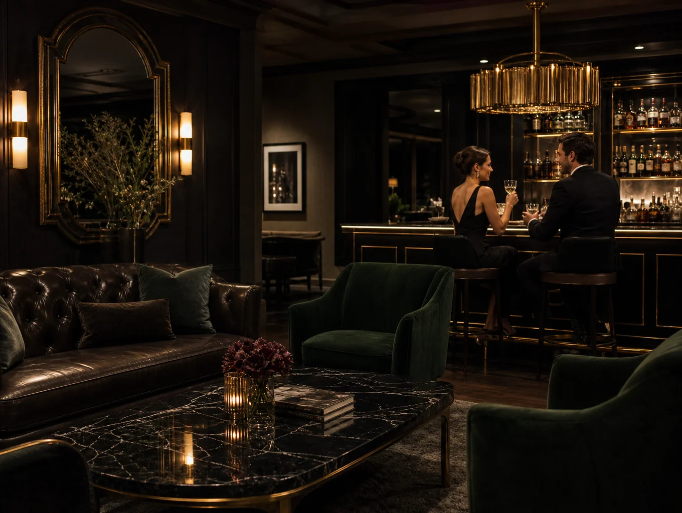 Atmospheric dimly lit cocktail bar with artisanal drinks and velvet seating
