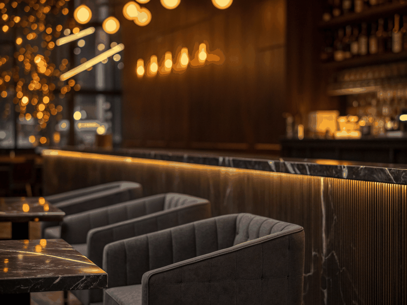 Atmospheric nightlife lounge setting with patrons enjoying conversation