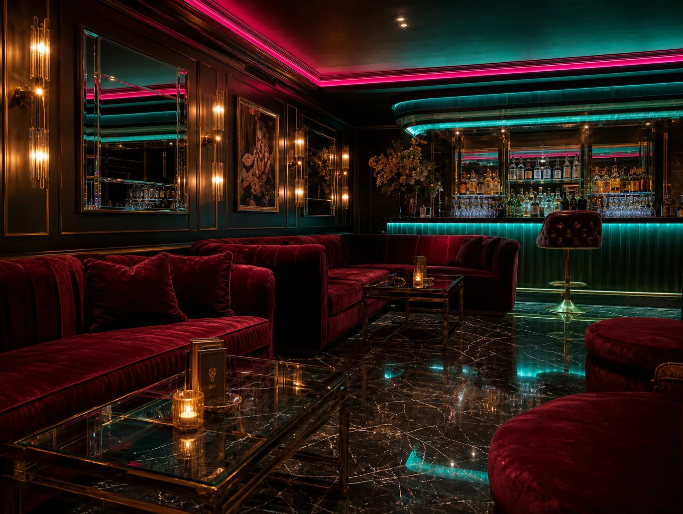 Plush velvet seating area with warm moody ambient lighting