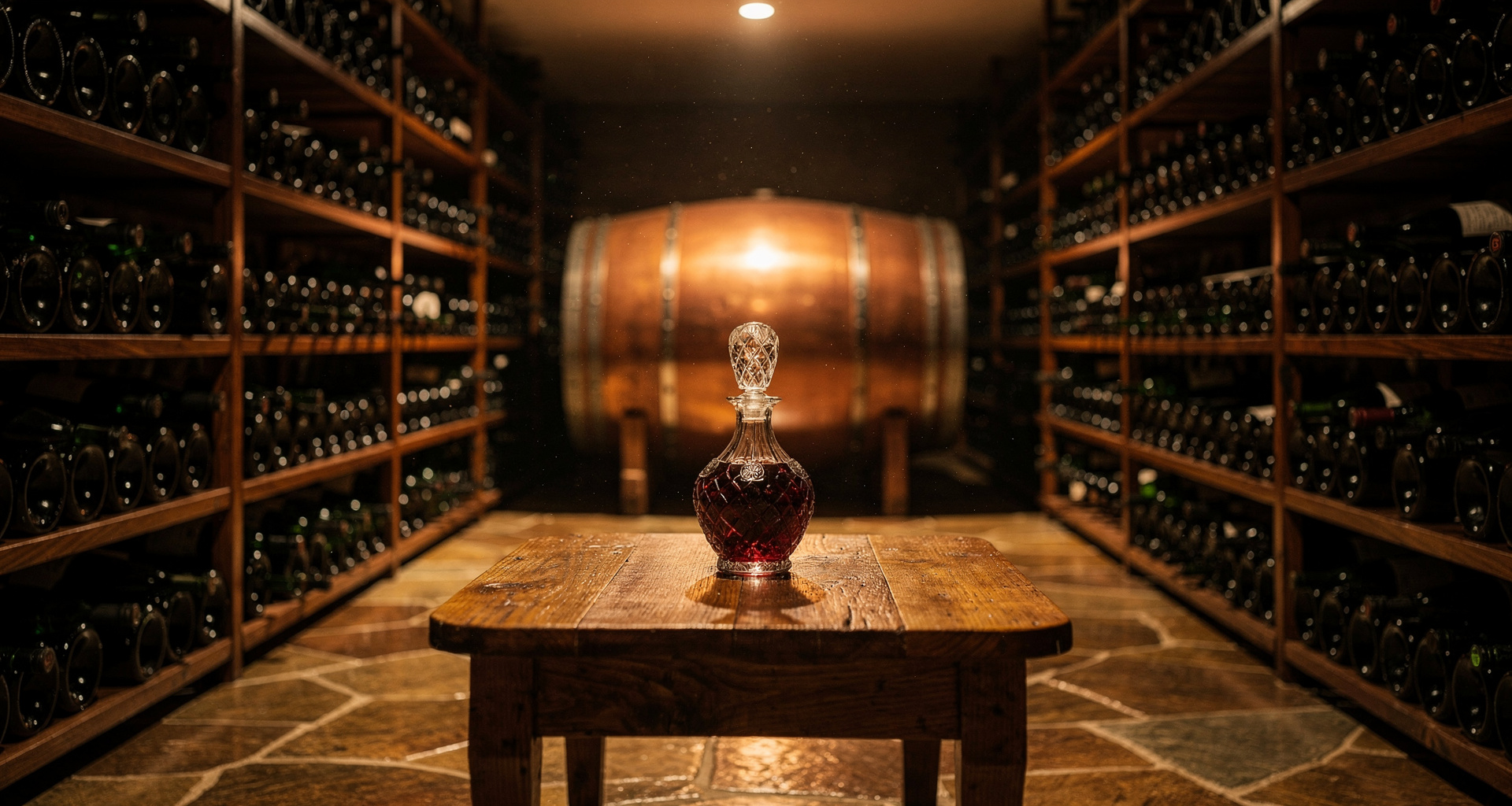 Sommelier decanting red wine in moody candlelit cellar nook