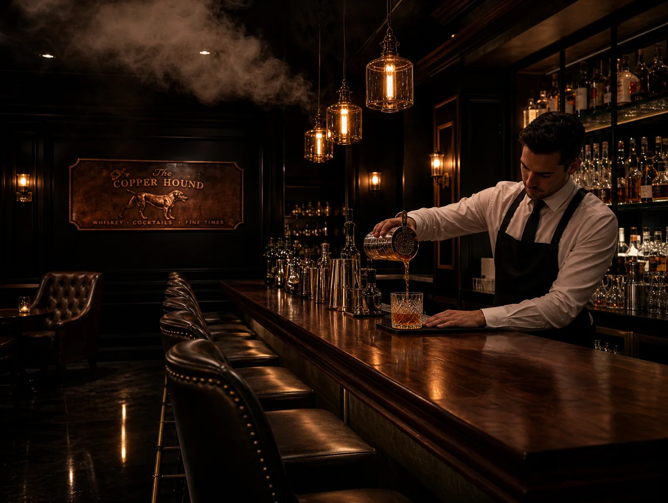 Sophisticated bar setup with artisanal cocktail displays and timber counters
